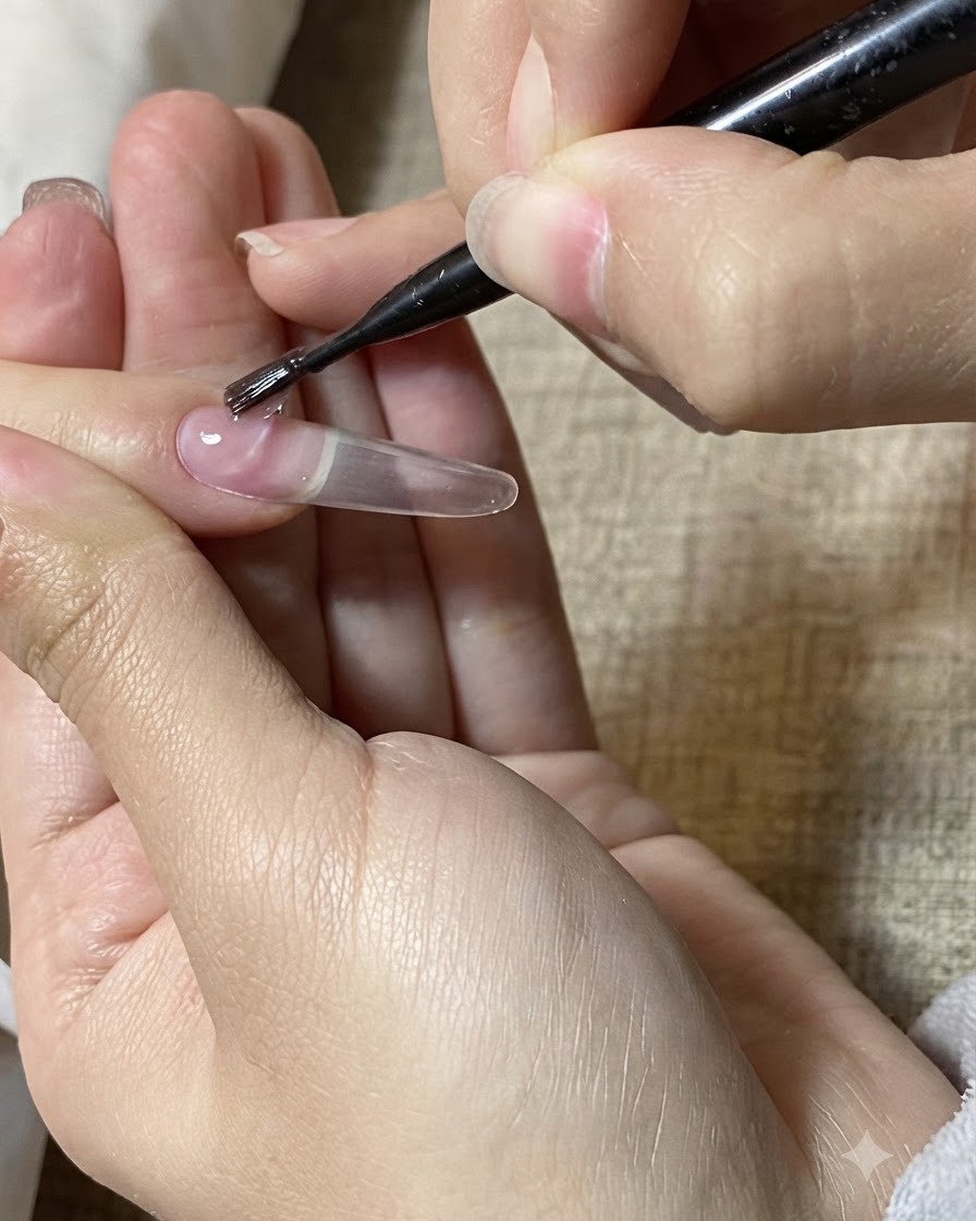 A fine nail brush applying a clear drop of builder gel onto an elongated nail extension.