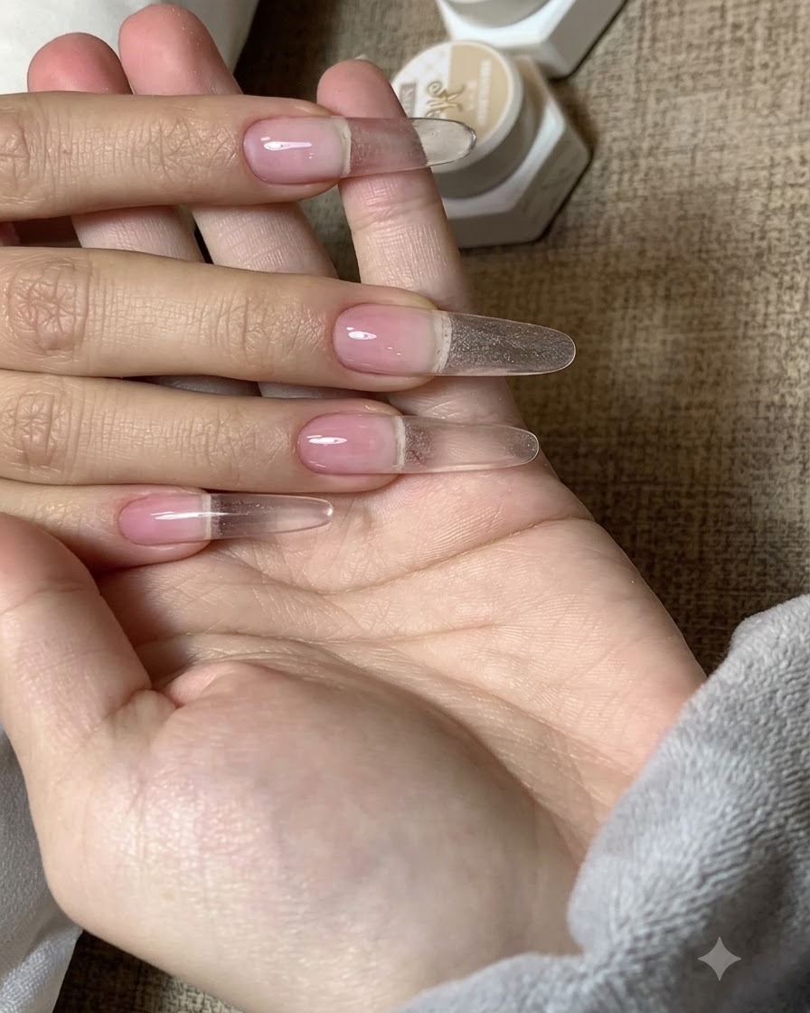 A jar of MC Mocha Gel shade 01 sitting on a table next to a hand displaying prepped nail extensions.