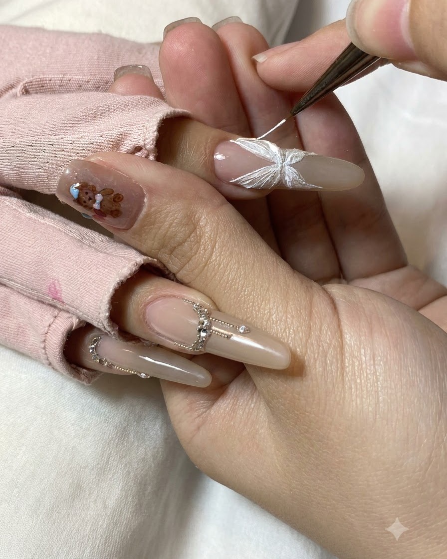 A close-up view of completed white butterfly wing structures with delicate detailing strokes on the nail.