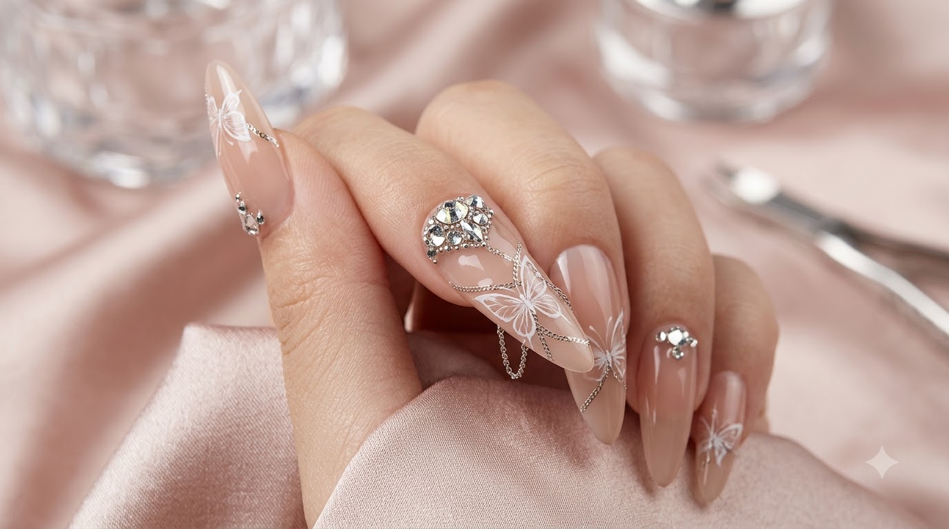 Nude Butterfly & Crystal Embellished Long Almond Gel Nails Tutorial