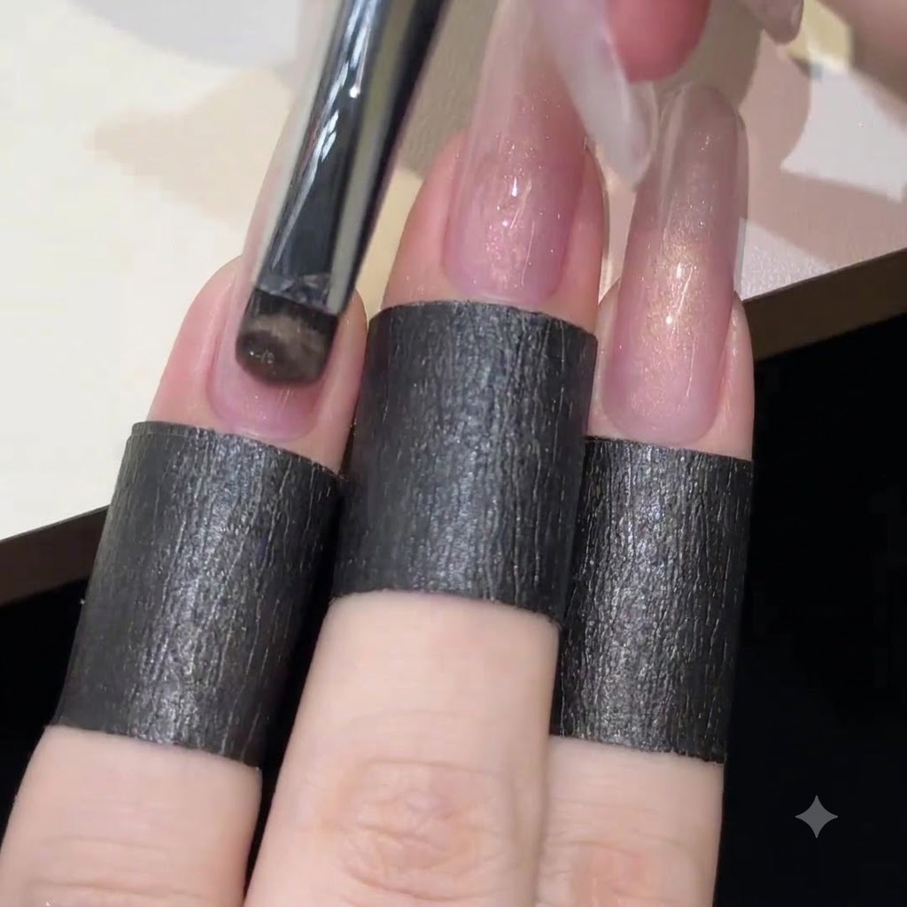A gel brush applying a smooth, even layer of sheer pink cat-eye polish onto a long, transparent nail extension.