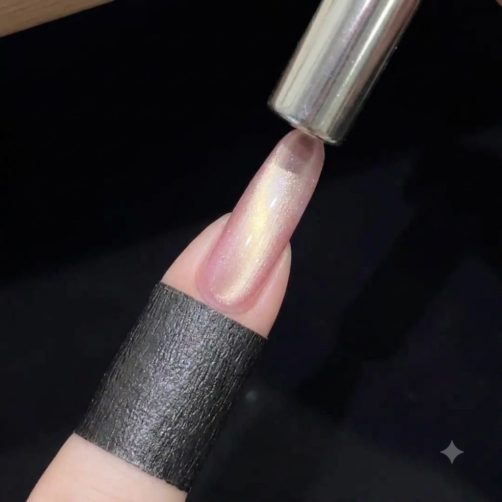 A cylindrical magnet held closely over a pink cat-eye gel nail to create a wide band of shimmering light.