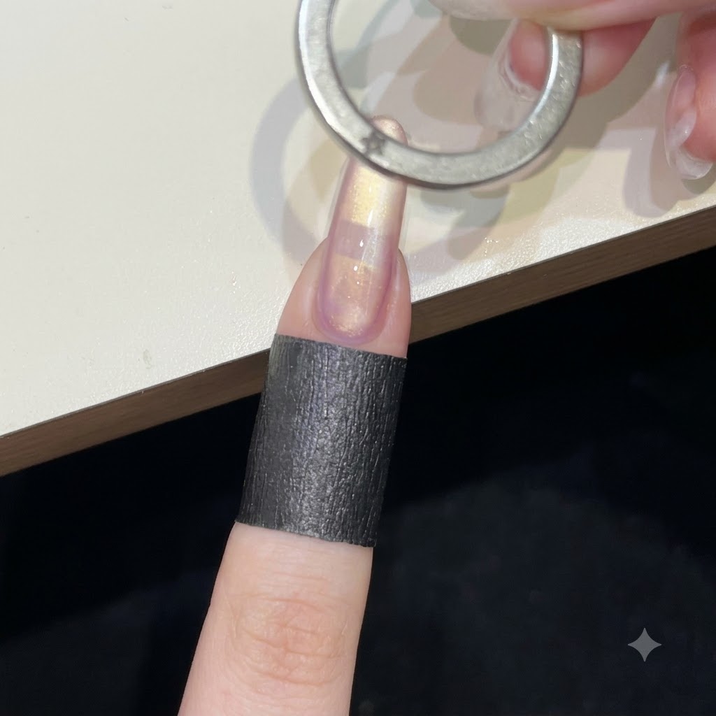 Holding a circular ring magnet horizontally over the wet cat-eye gel to create a swirling magnetic ribbon pattern.