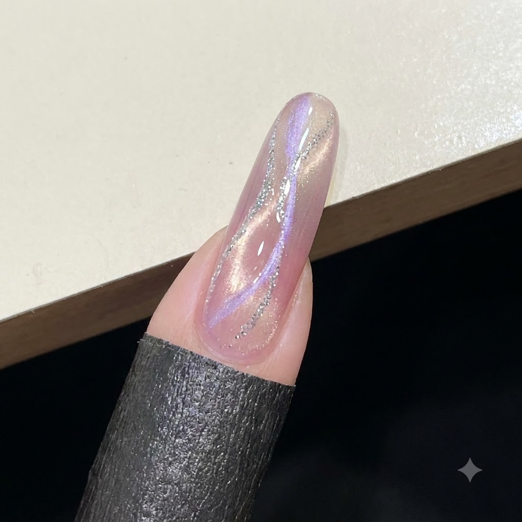A close-up view of a pink shimmering nail coated with uncured clear builder gel.