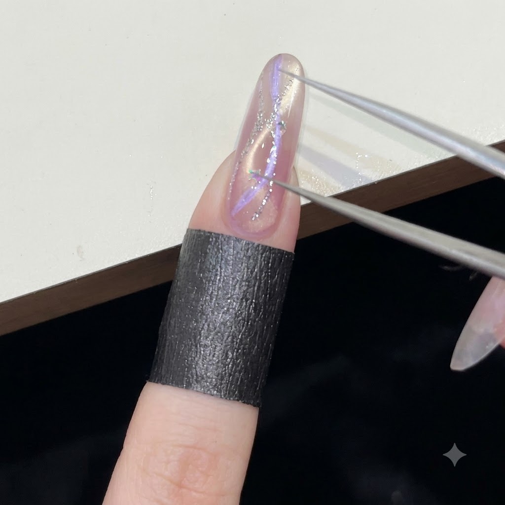 Precision tweezers placing tiny silver star sequins onto a wet gel nail surface.