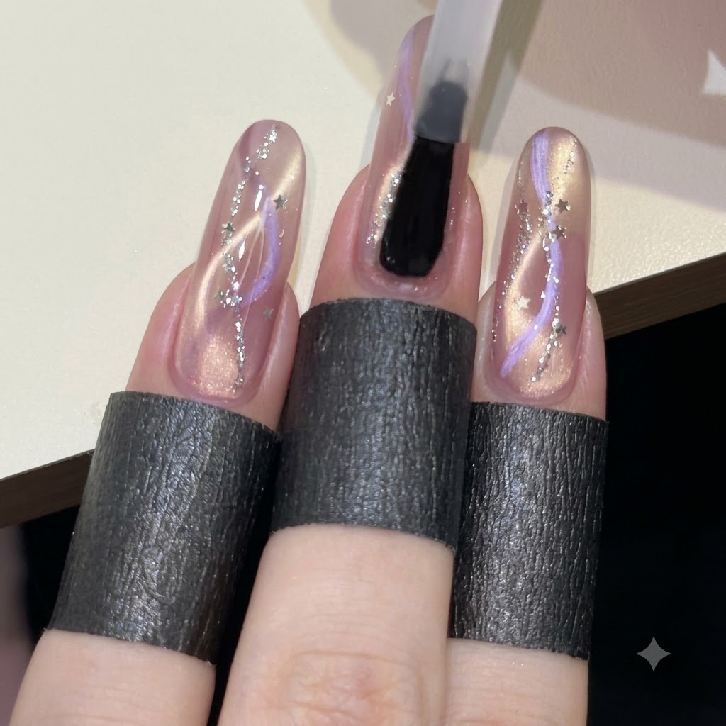 A brush applying a layer of clear glossy top coat over a pink ribbon cat-eye nail design with silver glitter and stars.