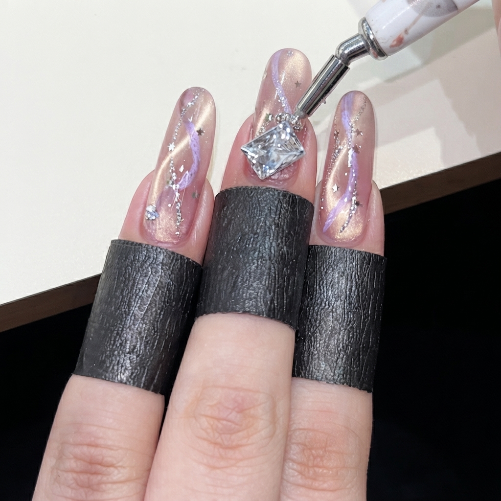 A wax pen tool placing a large diamond-shaped clear rhinestone near the cuticle of a decorated pink cat-eye nail.