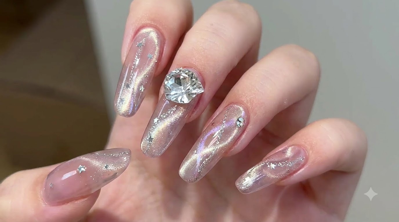 Flowing Ribbon Cat-Eye Nails With Sequins — Step-by-Step Tutorial