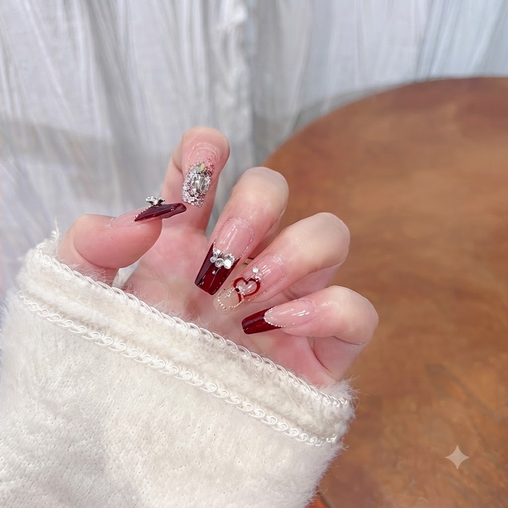 A close-up of the ring finger showing an outline red heart design over a nude base.