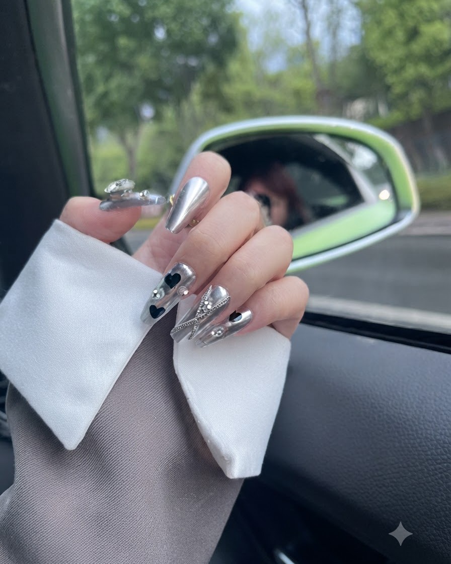 A hand gracefully flexed to show all fingers styled in matching silver metallic and black-accented press-on nails.