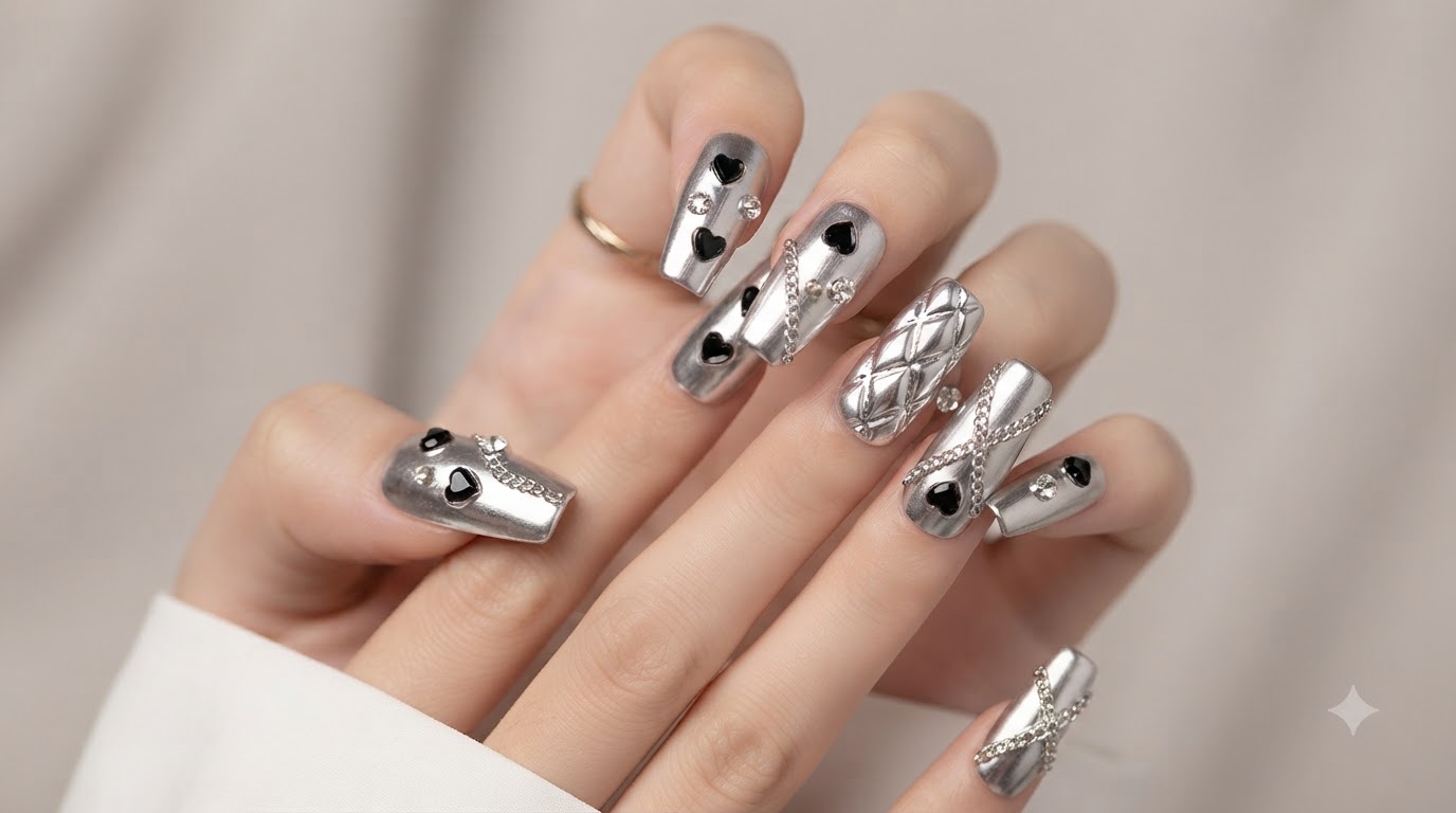 Silver Metallic and Chrome Chain Nail Art — High-End Press-On Tutorial