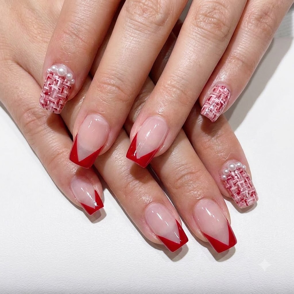 A detailed close-up of a liner brush drawing a precise red V-shaped French tip outline on a natural nail.