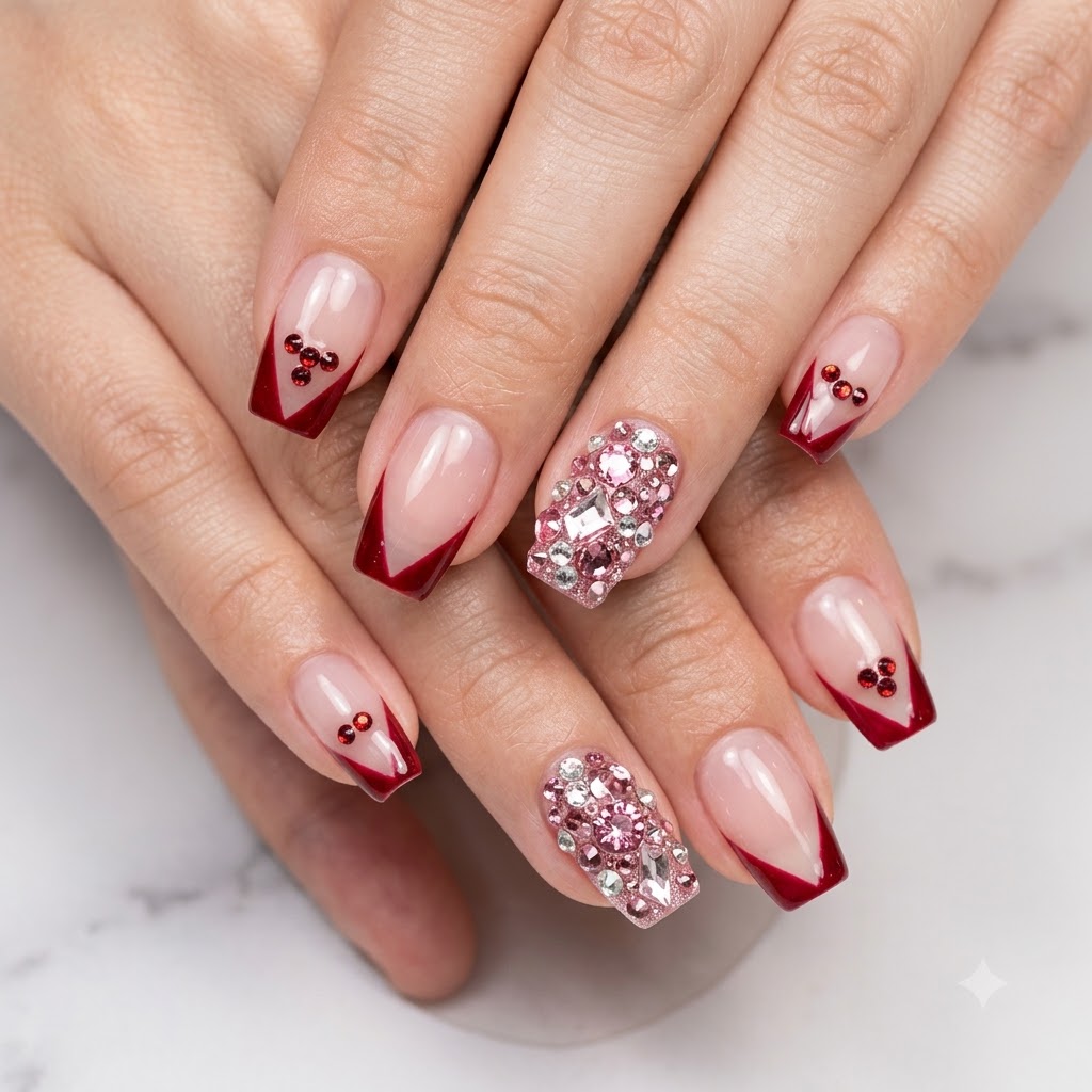 A close-up shot of hands displaying completed V-tip nails with red accent heart dots and rhinestone nail art.