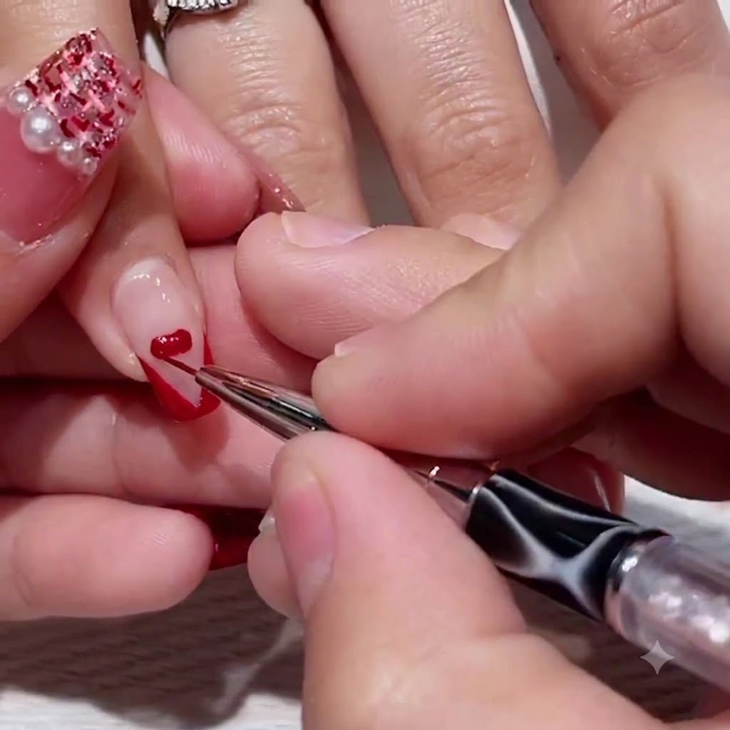 A close-up of a fine liner brush painting a red heart shape over a natural nail base with a red V-shaped French tip.