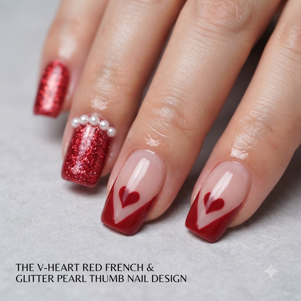 A close-up showing a completed solid red heart painted inside the negative space of a V-French manicure.