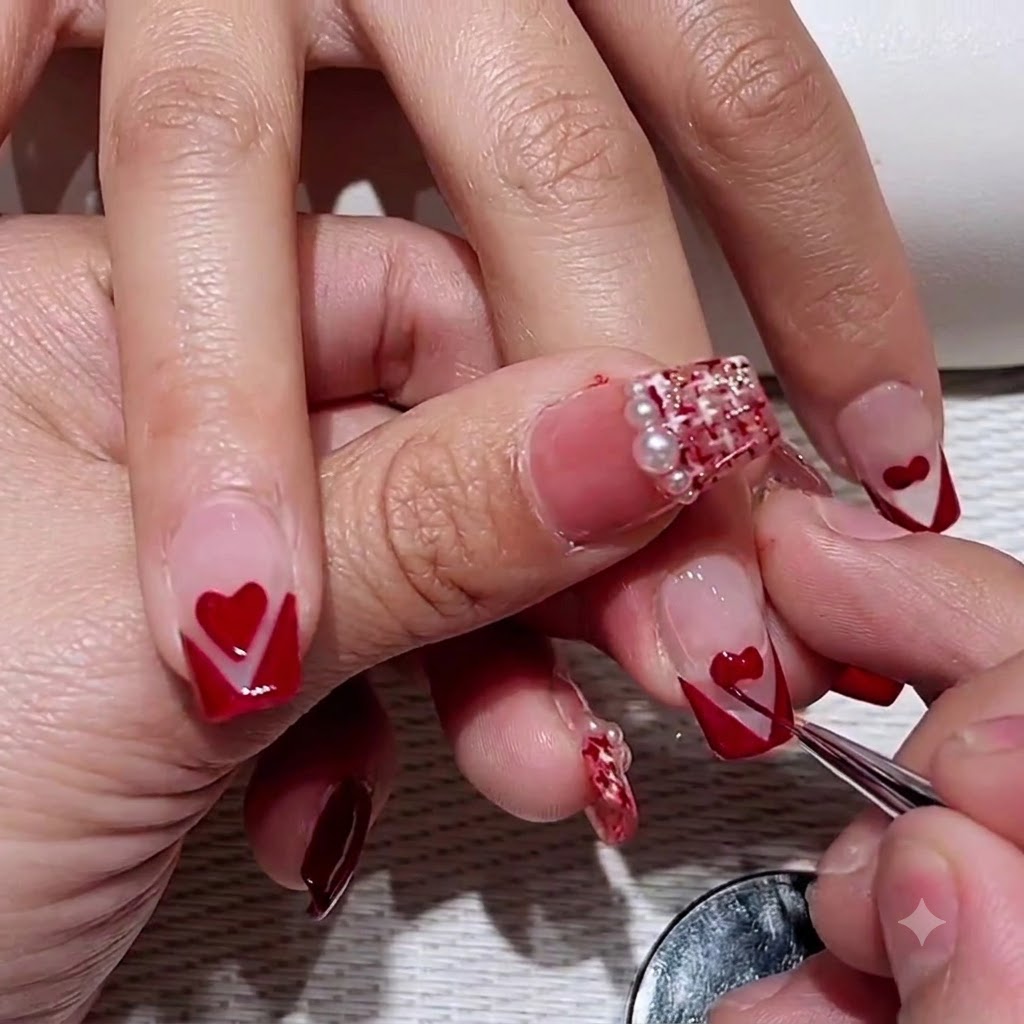 A fine nail art brush precisely outlining the edges of a painted red heart on a clients fingernail.
