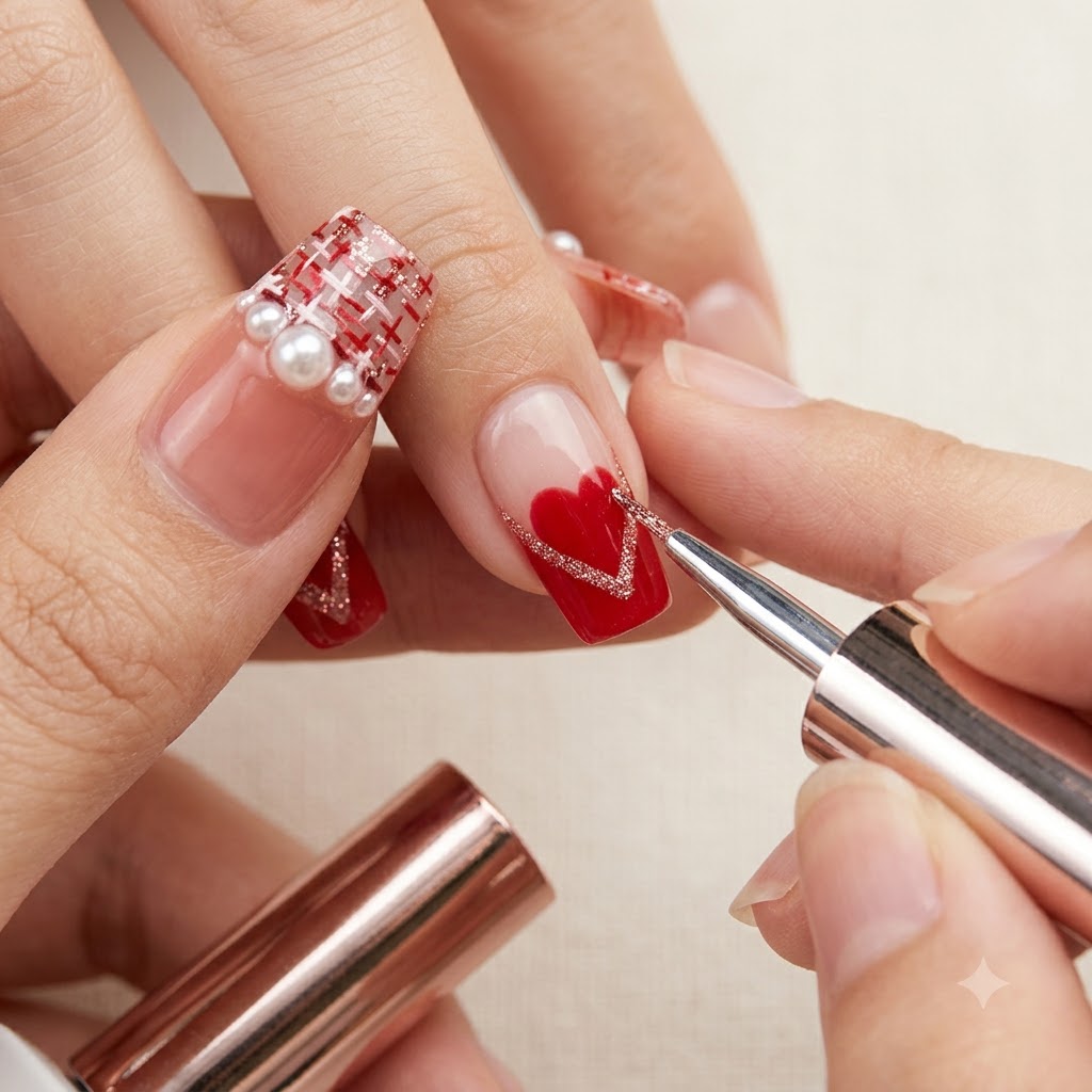 A striper brush drawing a fine line of rose-gold glitter along the edge of a red V-tip nail design.