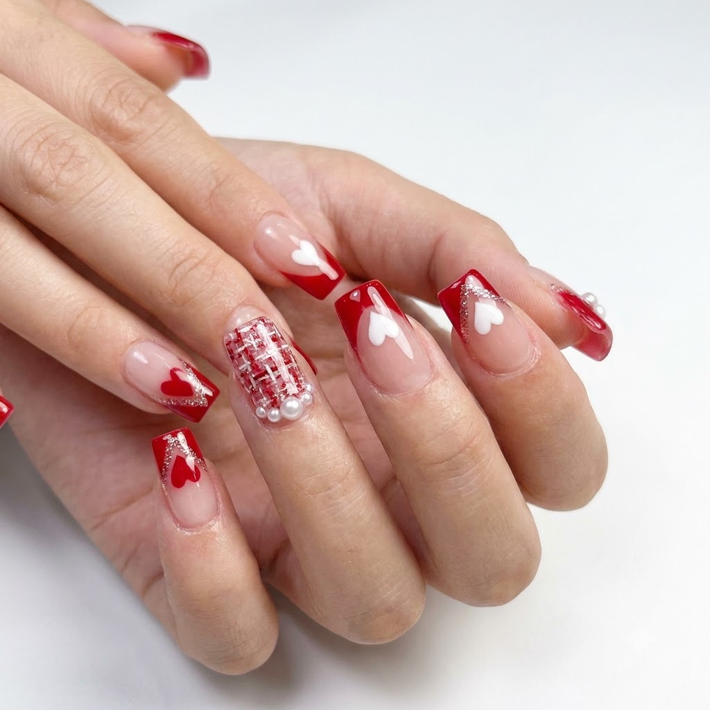 A nail artist applying a sparkling rose-gold glitter border inside the V-tip of a decorated fingernail.
