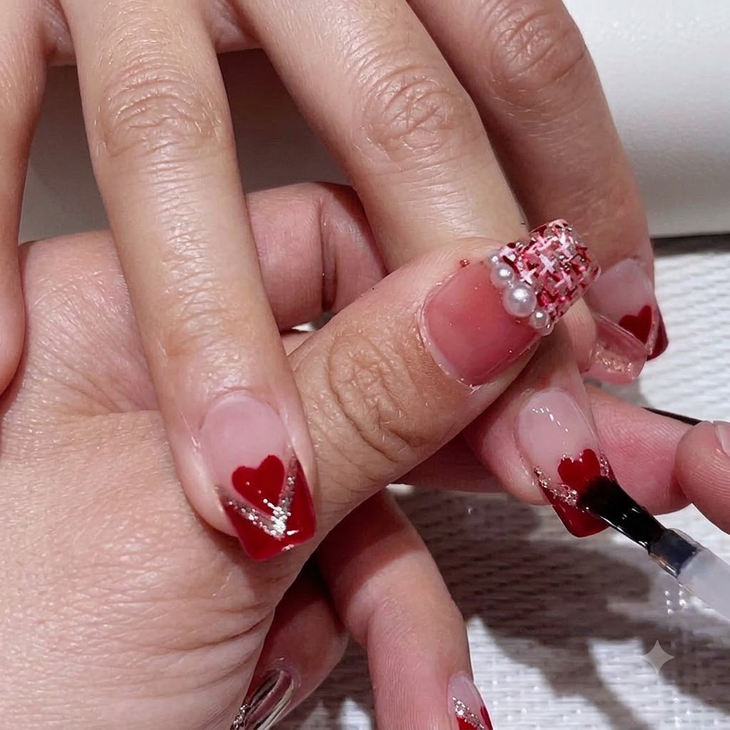 A top coat brush gliding smoothly across the middle fingernail to lock in the nail art design with a glossy finish.