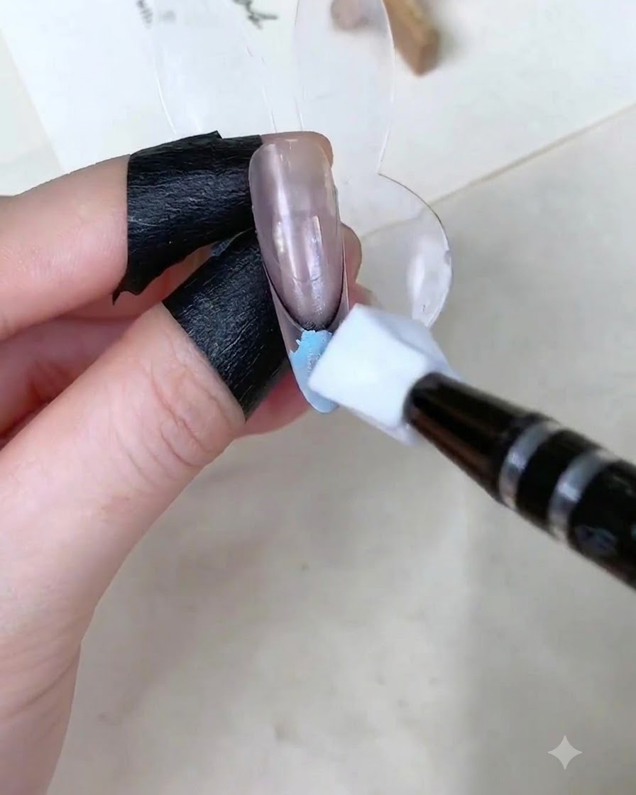 A sponge tool positioned over a nail that is about to be cured.