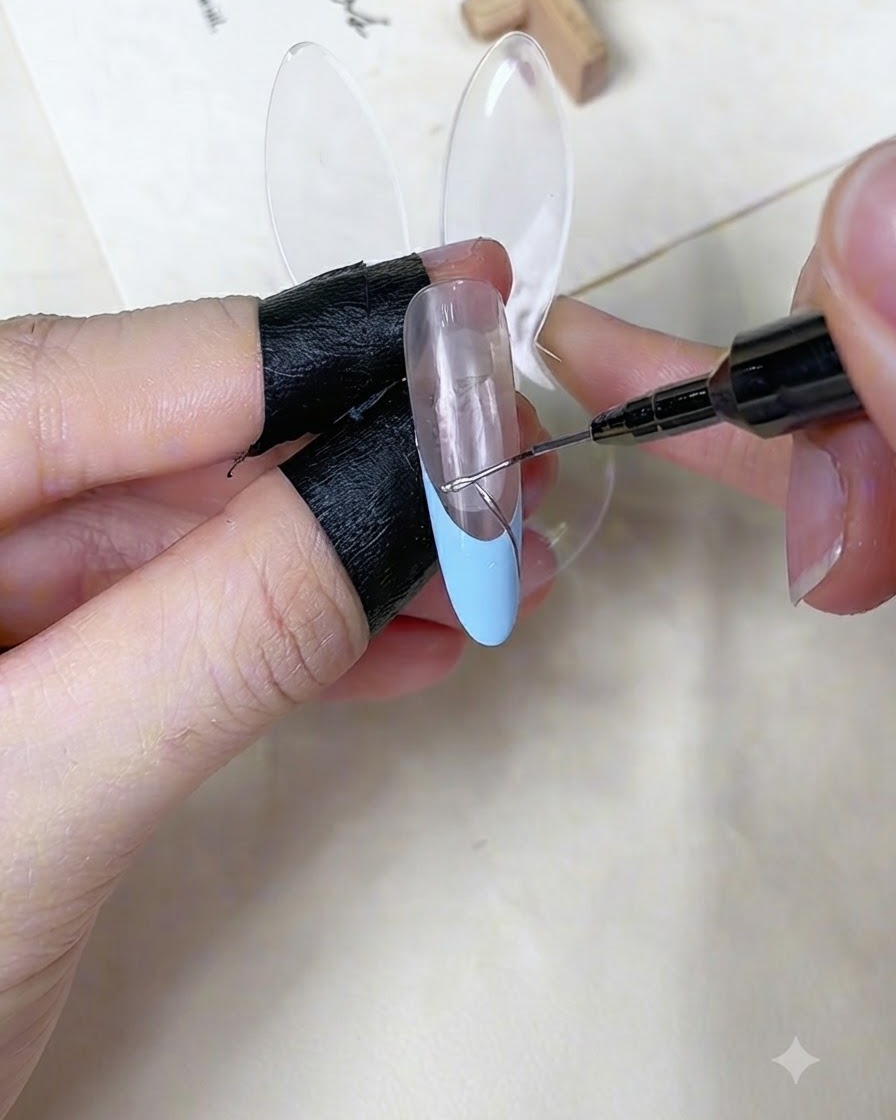 A fine liner brush drawing a thin silver accent line across a blue and nude nail.