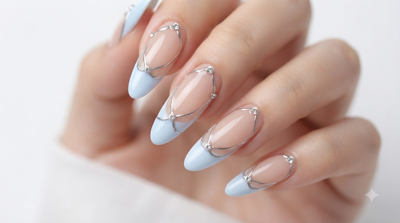 Baby Blue French Tip Nails with Silver Lines and Rhinestones — Step-by-Step Tutorial