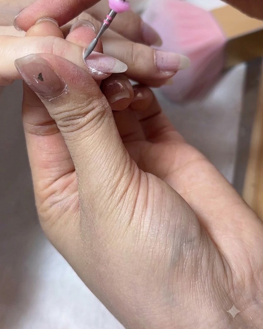 An e-file with a flame bit cleaning the dry skin near the cuticle of a thumb.