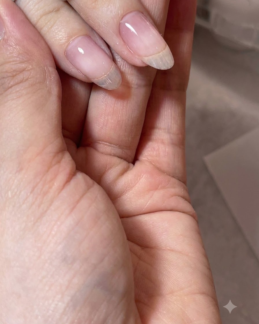A hand displaying a finished, perfectly structured transparent gel nail with a smooth apex.
