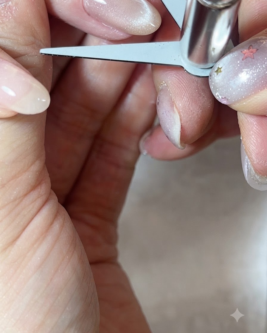 A V-shaped scissor magnet tool hovering over the tip of a nail to create a concentrated cat-eye French tip effect.