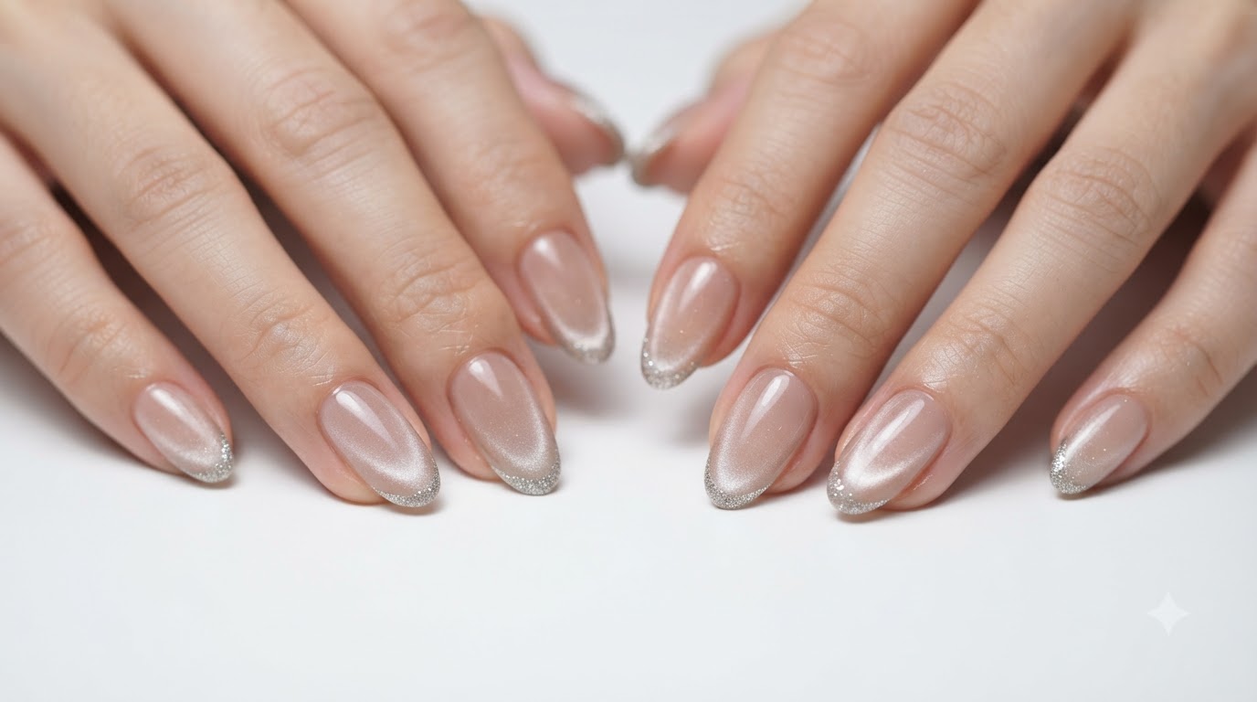 Simple French Cat Eye Nails with Silver Glitter Tips — Step-by-Step Tutorial