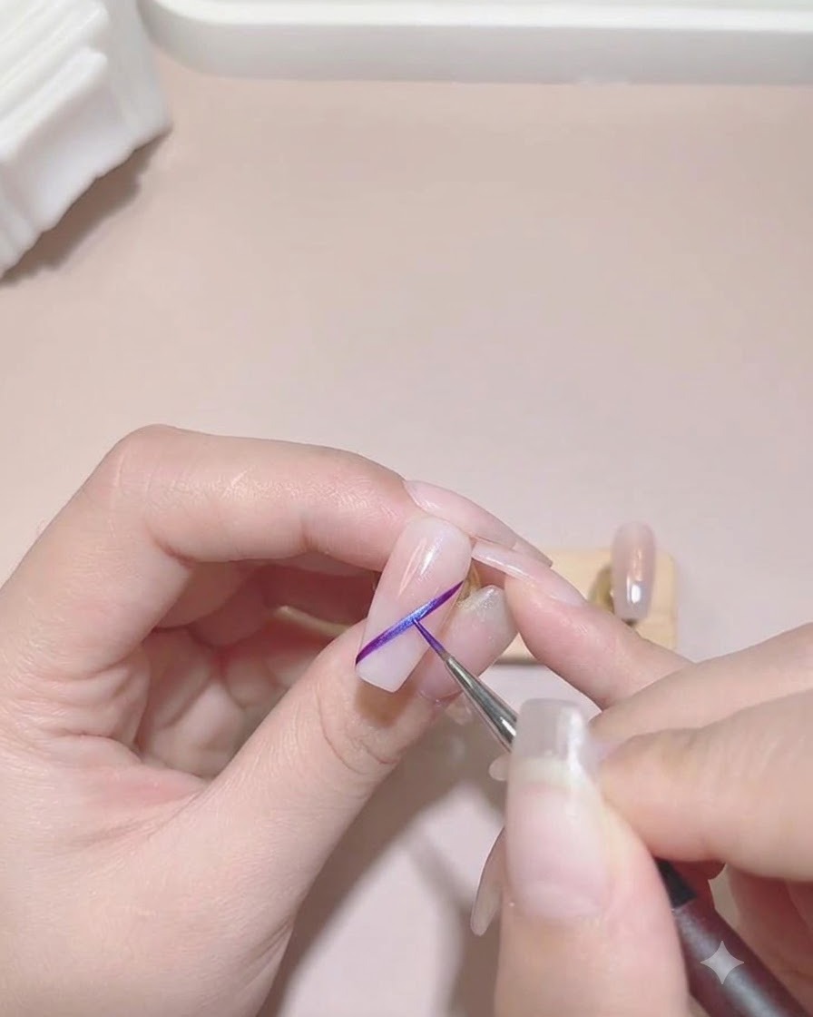 A fine brush drawing a vibrant purple diagonal line across a neutral-toned nail tip.
