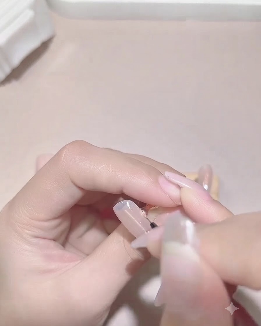 A fine nail art brush painting a wavy, irregular purple French tip line across a natural nail.