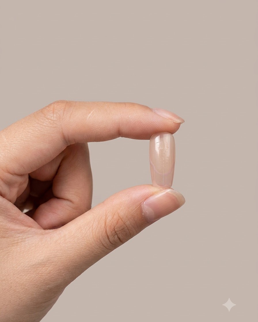 A single manicured finger holding a finished French tip nail design up against a plain background.