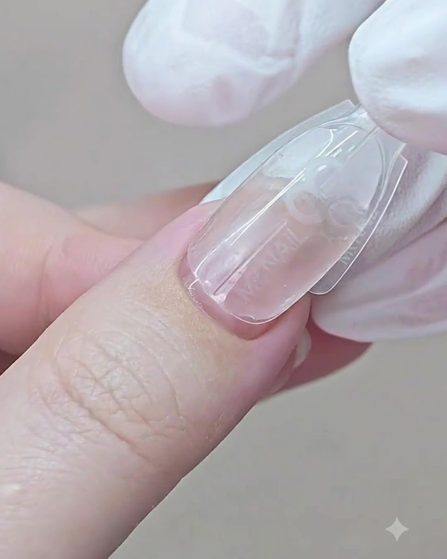 A gloved hand pressing a dual form mold onto a fingernail starting from the cuticle area.