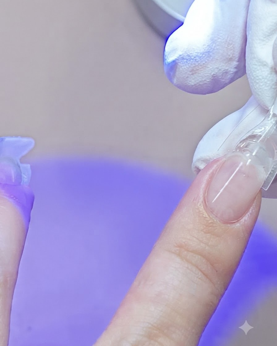 A hand pressing a clear dual form onto a pinky fingernold while a blue mini UV lamp cures the gel.