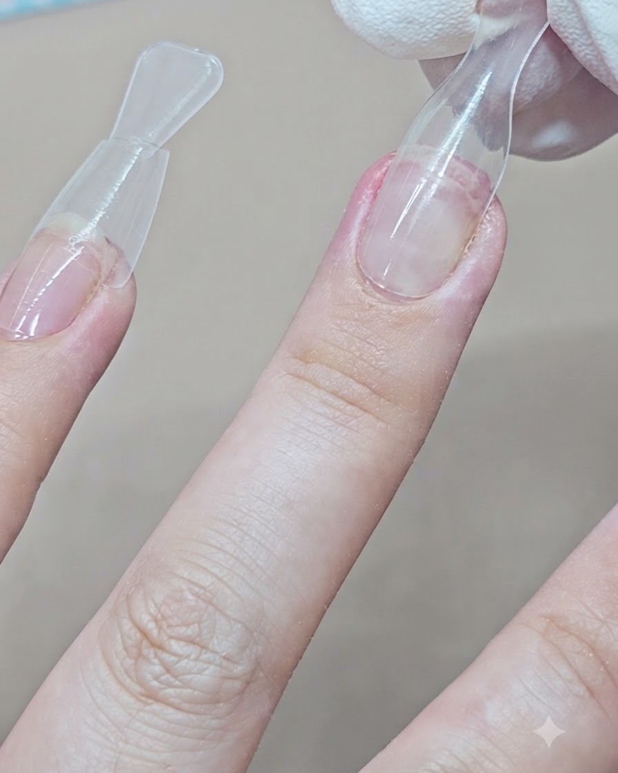 A close-up view showing a dual form being popped off a completed clear gel extension on the middle finger.