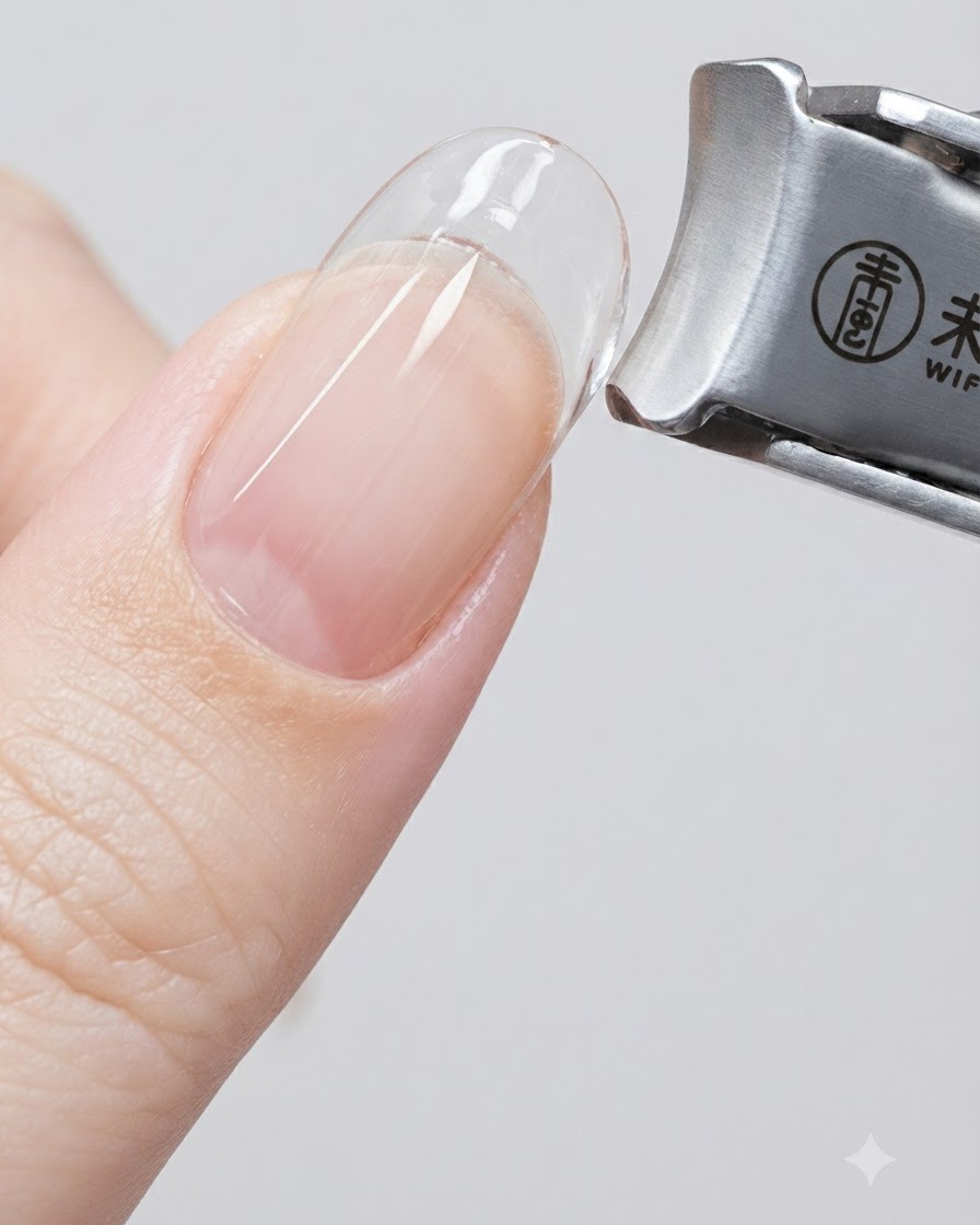 Metal nail clippers carefully trimming excess cured gel along the sidewall of a clear nail extension.