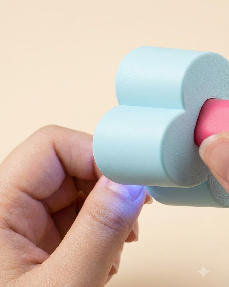 A handheld blue flower-shaped mini UV lamp curing a builder gel layer on a finger.