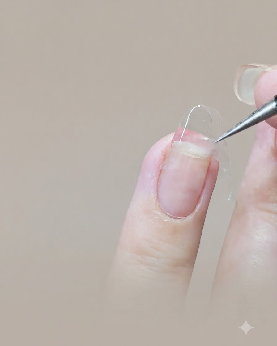 A pair of tweezers placing a curved French smile line sticker guide across a clear nail extension.