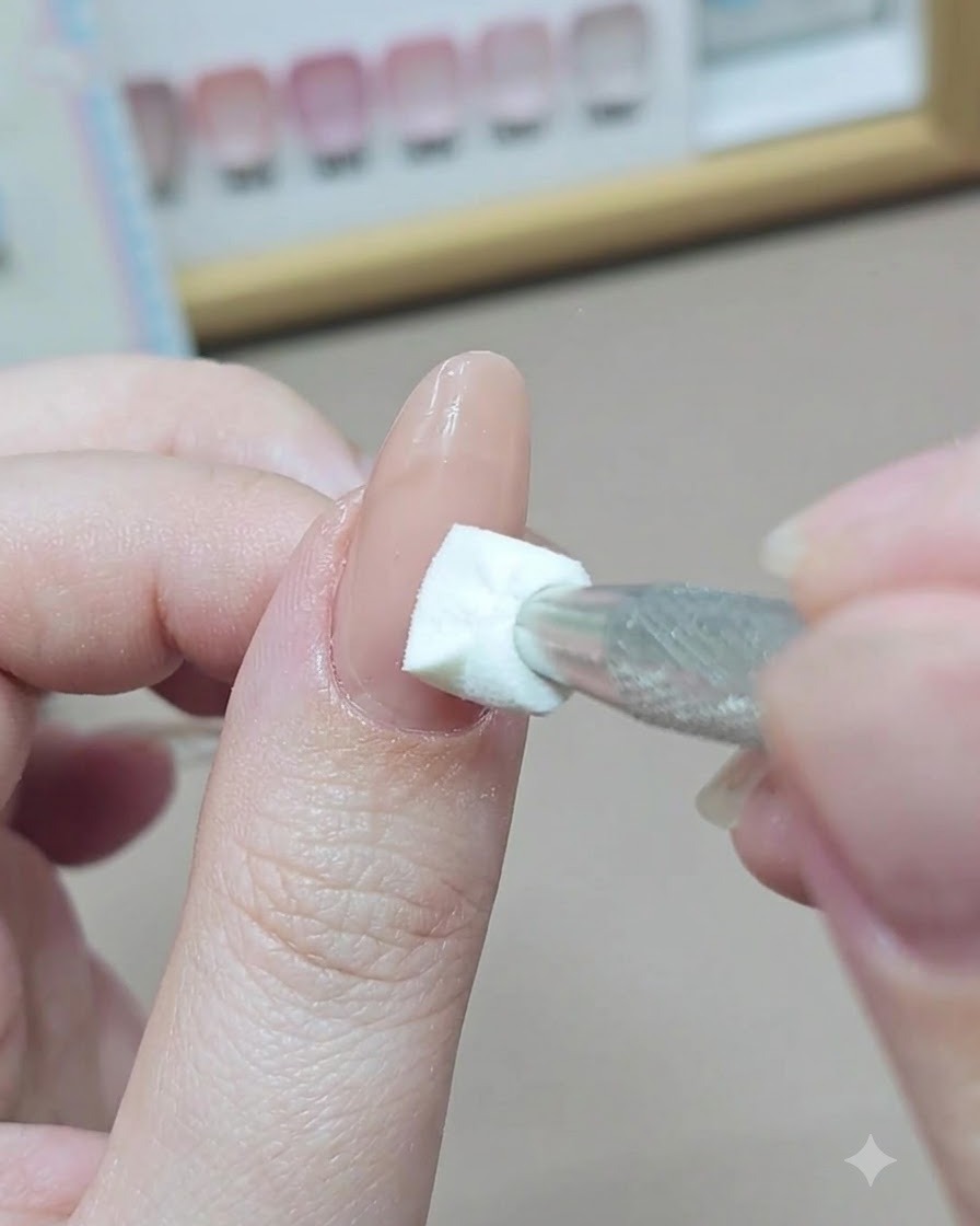 A small cosmetic sponge dabbing opaque nude gel polish onto the nail bed below a sticker guide.
