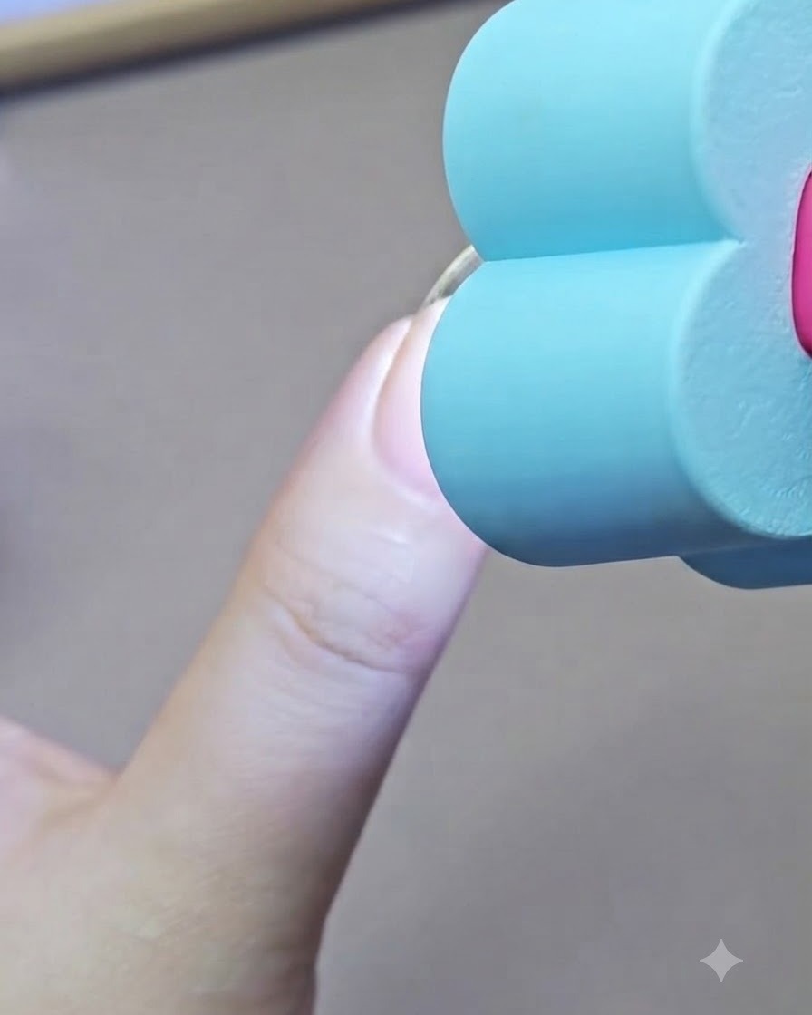 A handheld blue mini UV lamp curing a sponged nude color layer on a fingernail.