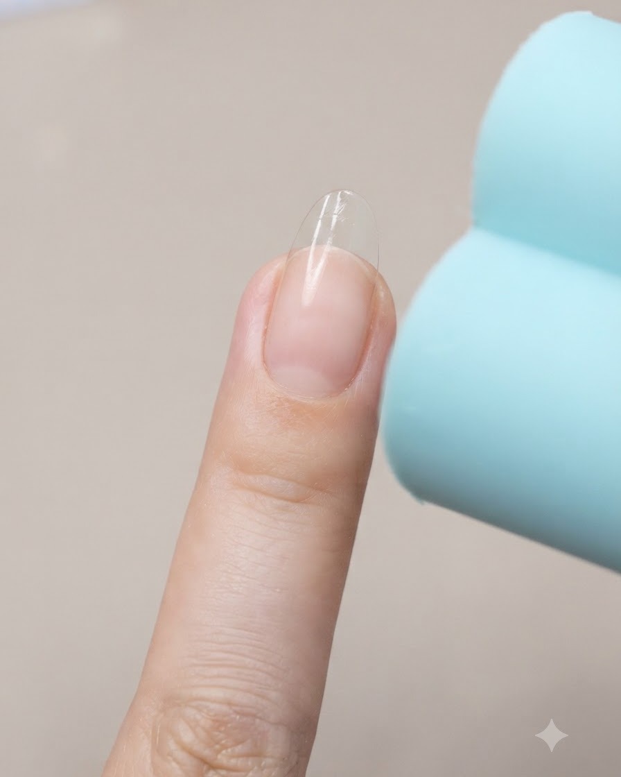 A pair of fine-tip tweezers holding the edge of a curved French guide sticker as it is peeled away from a nail.
