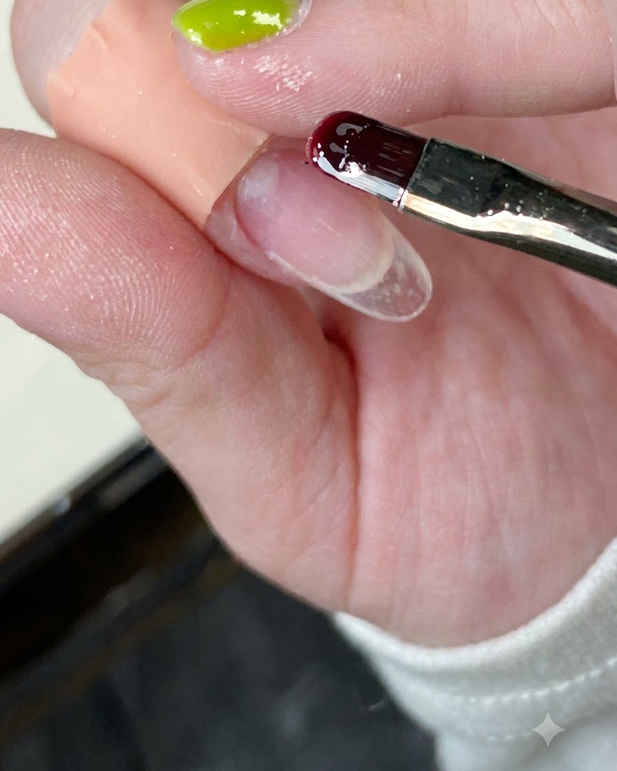 A close-up of a nail brush applying clear base coat onto a clear nail tip.