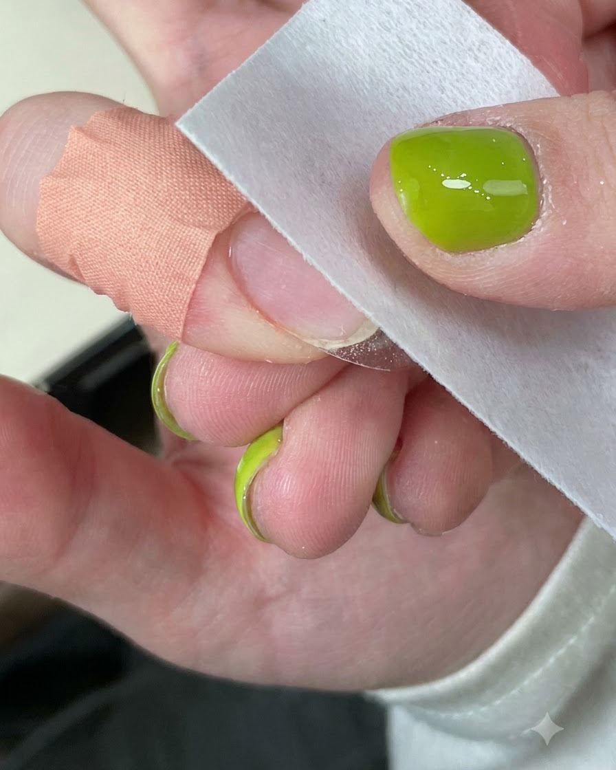 A cleansing pad wiping down the surface of a cured nail.