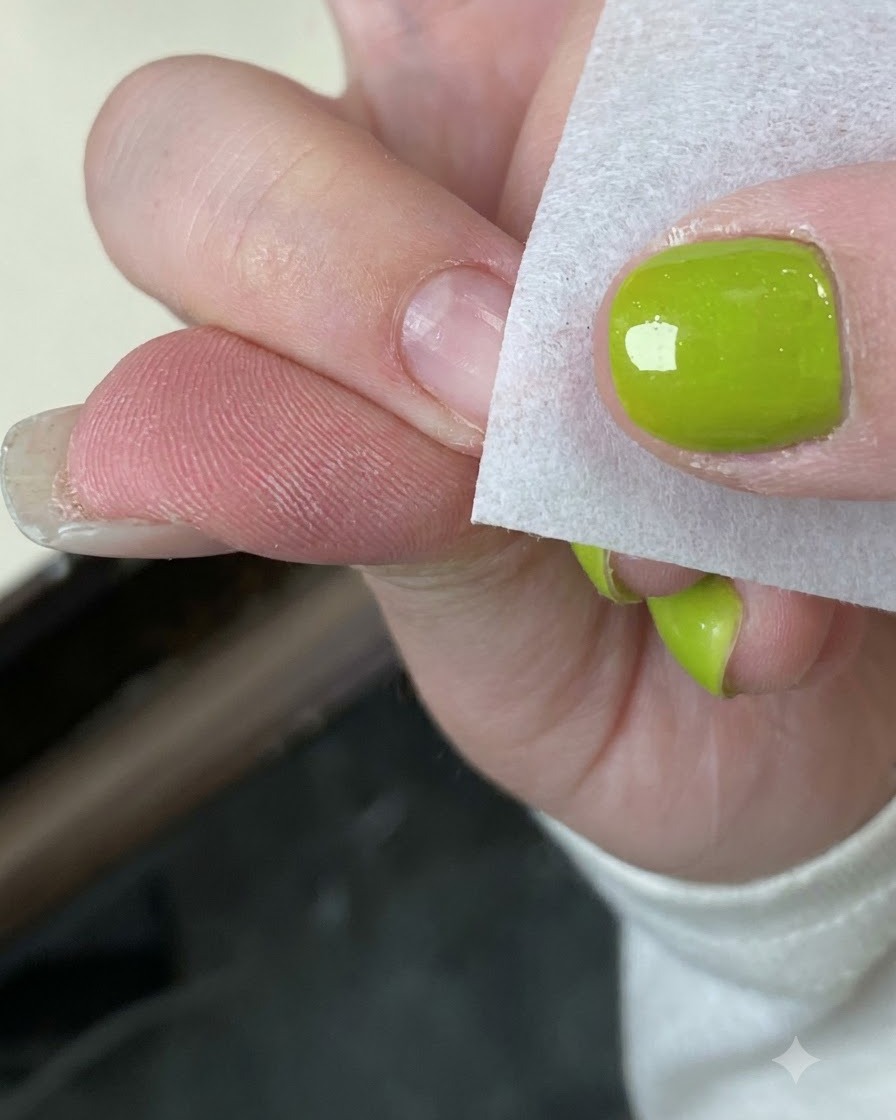 A close-up of a finger receiving a dab of ivory gel near the nail tip with a sponge.