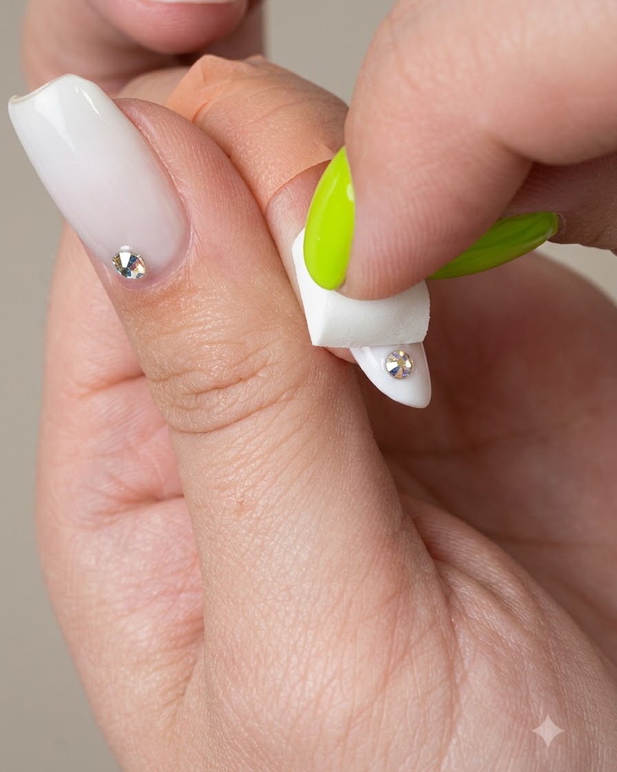 A small makeup sponge blending ivory gel on a manicured nail tip.
