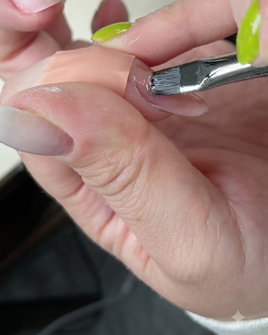 A gel brush carefully applying nude pink gel over the nail bed.