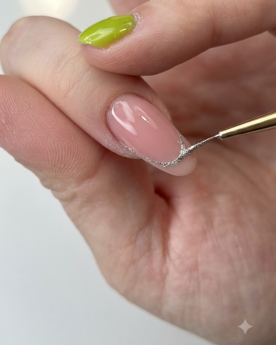 A fine brush filling in the French tip area with sparkling silver gel.