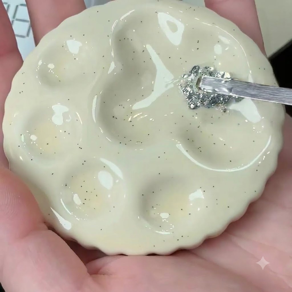 A metal tool scooping chunky silver glitter from a ceramic mixing palette.
