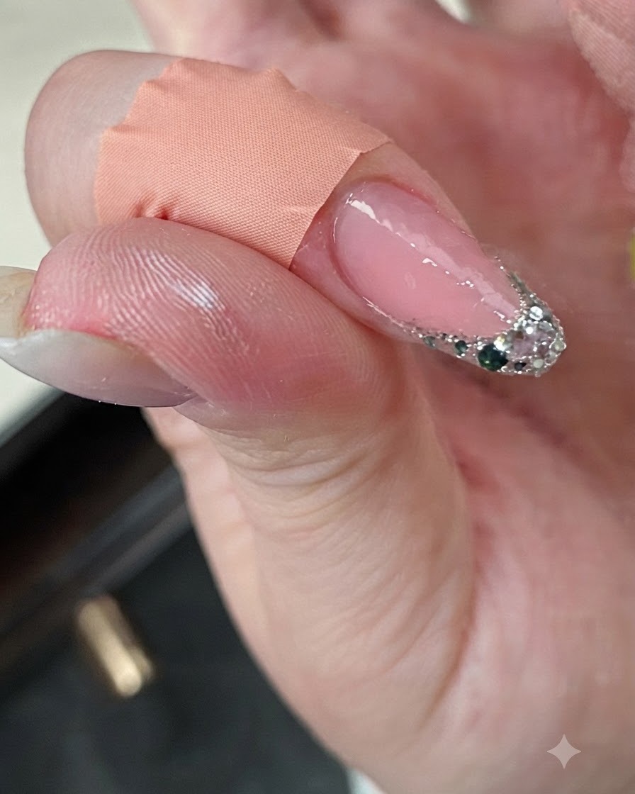 A finger with a glitter French tip placed near a mini UV lamp during the curing process.